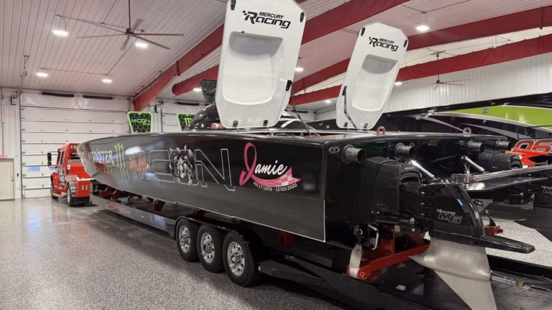 Aft perspective of the 2023 Skater 438 offshore race boat
